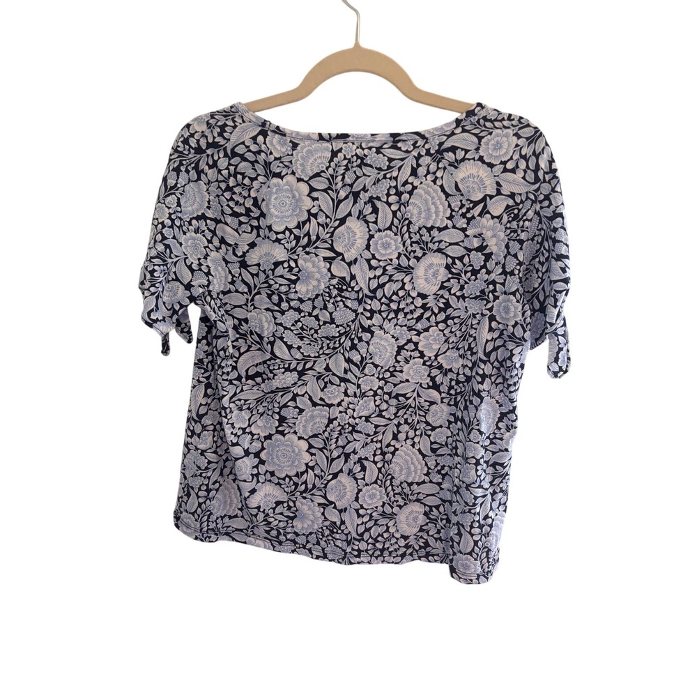 Talbots Petites Navy Blue Floral Print Pima Cotton Tie Sleeve Top Size SP - Picture 6 of 7
